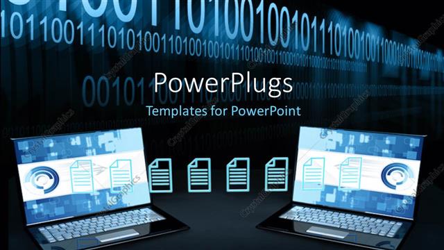  Presentation with files - Two open laptops transferring files below string of binary numbers