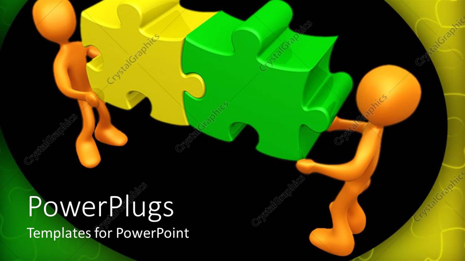 Featuring Two Orange 3D Men Solving Puzzle on Black Background