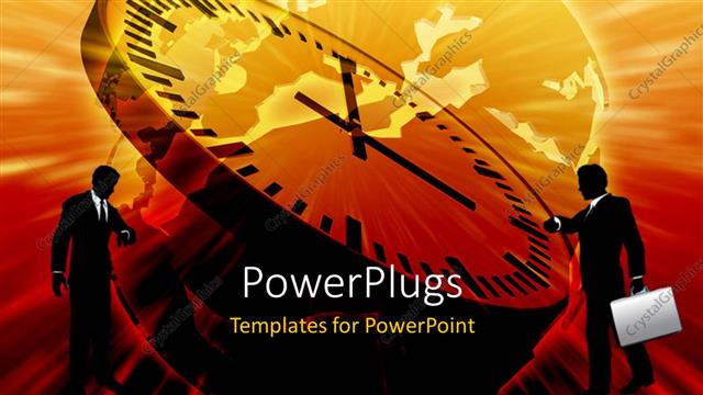  Presentation with global - Two people with a clock and a number of clocks in background