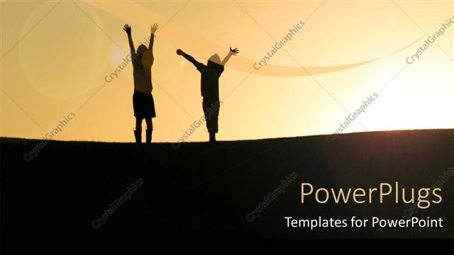  Presentation with happy - Two people happy with their hands raised up high