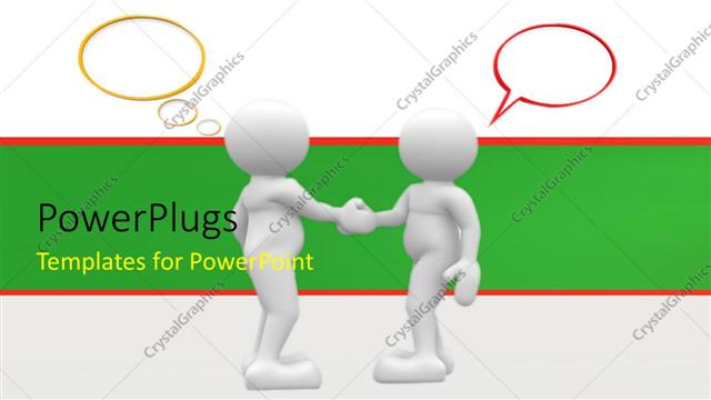  Presentation with two people talking - Two 3D men shake hands with speech bubbles on white background