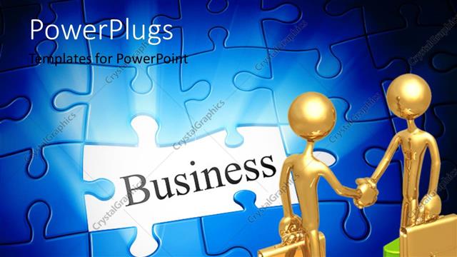  Presentation with jigsaw - Two persons doing a business deal with puzzle pieces in the background