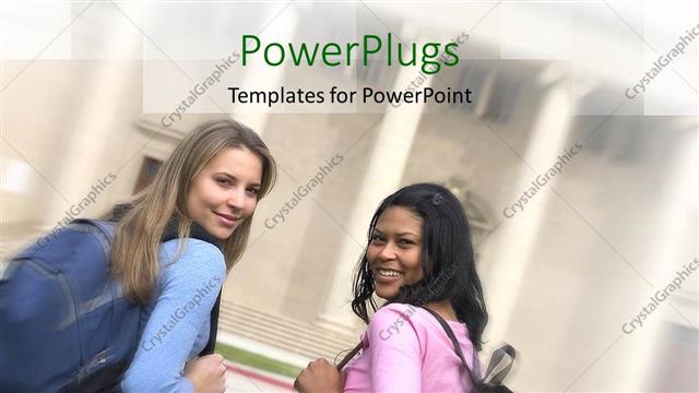  Presentation with students - Two pretty female students smiling and carrying school bags
