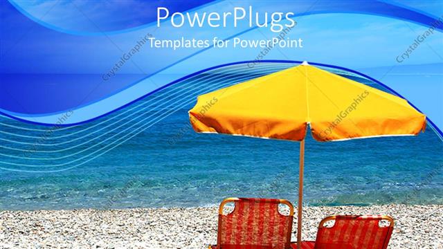  Presentation with chairs - Two red beach chairs and a yellow umbrella on a beach