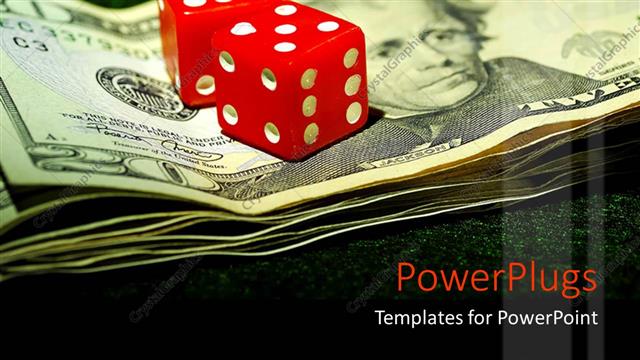  Presentation with bills - Two red colored dice on some dollar bills on a green surface