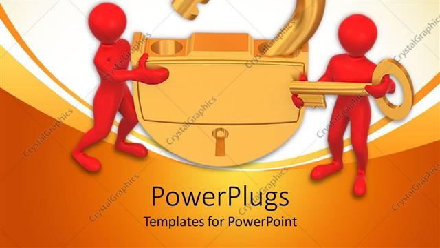  Presentation with padlock - Two red human figures opening a large golden padlock