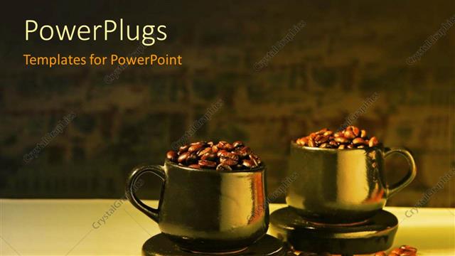  Presentation with beans - Two shiny cups filled with coffee beans with coffee beans on surface