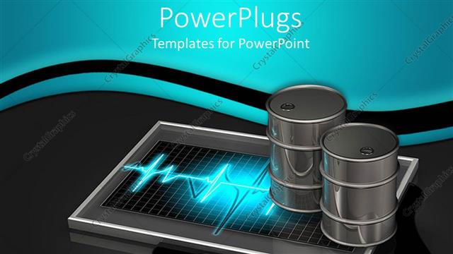  Presentation with barrels - Two silver metal oil barrels on top of device with glowing pulse graphic on oil blot and oil drop