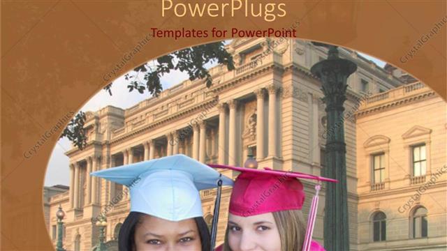  Presentation with adult education - Two smiling adult females smiling together wearing graduation gowns
