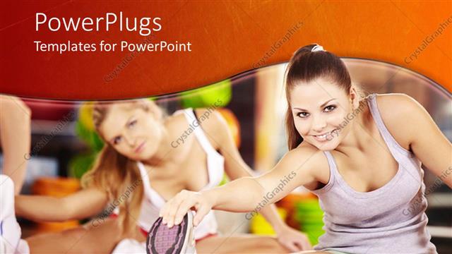  Presentation with women health - Two smiling women stretching, fitness, gym, aerobics, exercise, sports