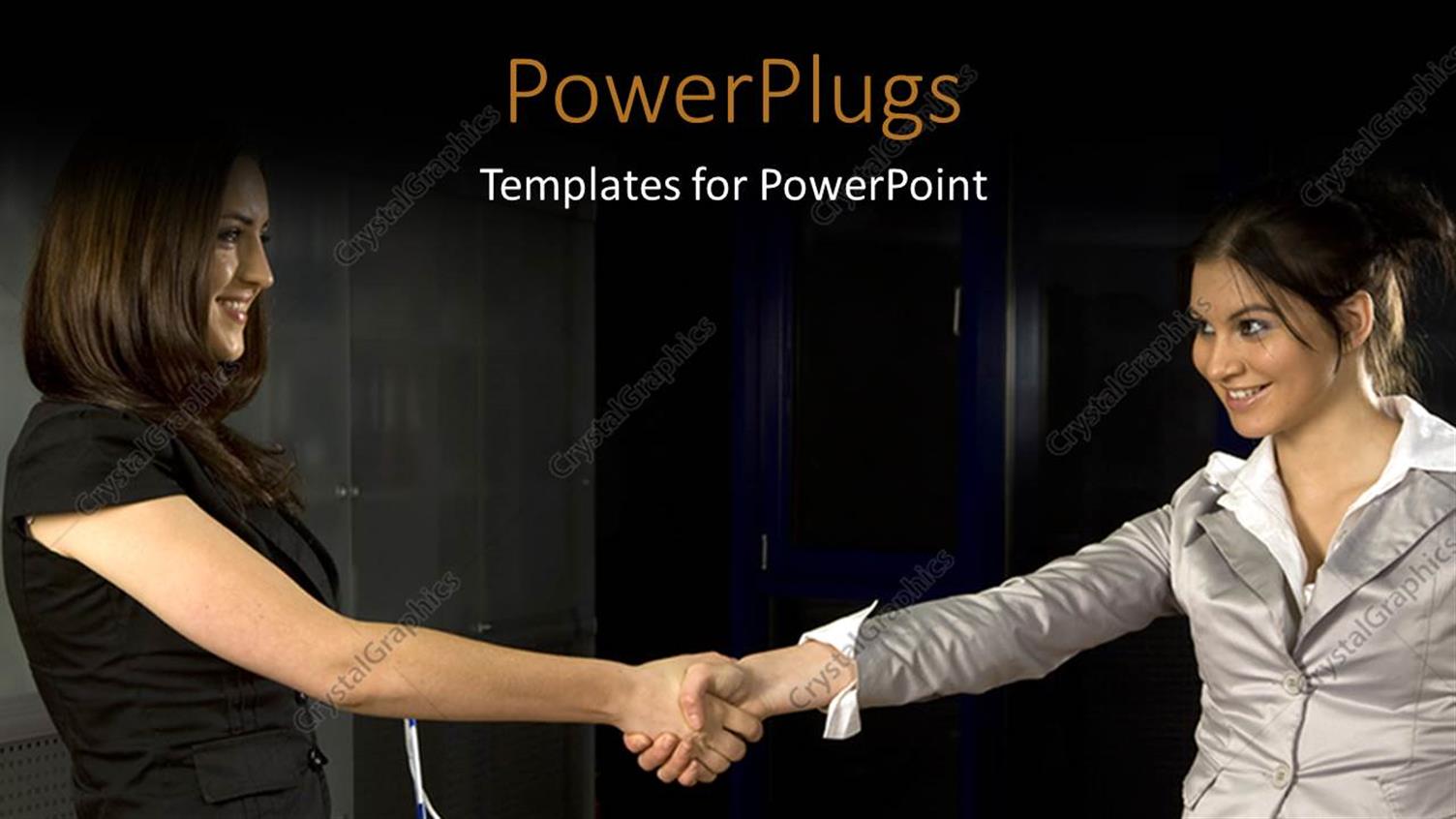 Featuring Two Smiling young Women Shaking Hands Over Document on Desk