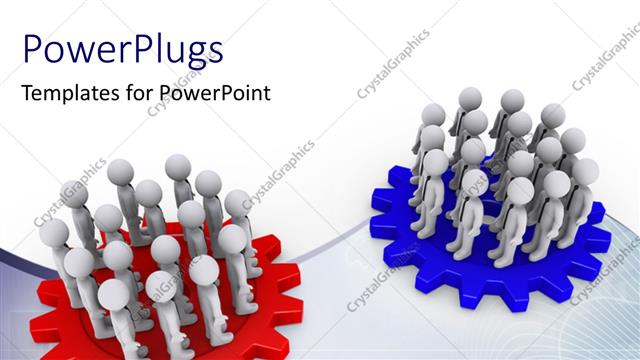  Presentation with red blue - Two teams standing on red and blue colored cogwheels face each other