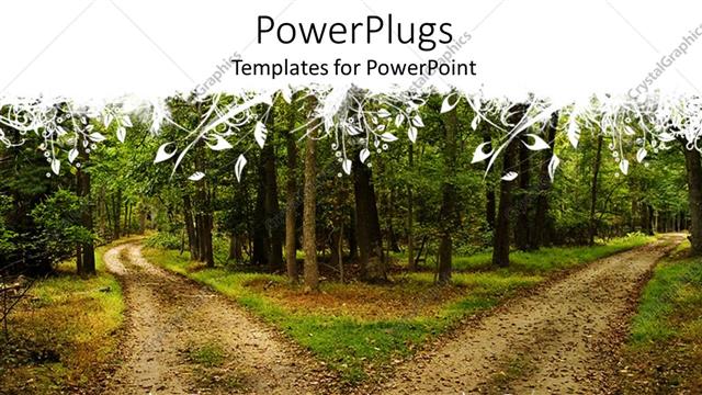  Presentation with two roads - Two terrain roads separated in different directions between forest trees, hiking trails in forest with floral white pattern top and bottom