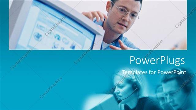  Presentation with tiles - Two tiles of three adults wearing headphones and pointing at a computer