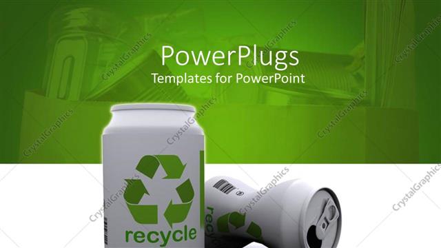  Presentation with white green - Two white 3D aluminum cans with green recycle sign and word on white mirroring table and green background