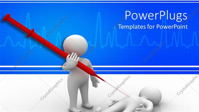  Presentation with needle heart - Two white 3D figures representing a patient and the doctor holding a huge red injection with needle with heart monitor line on blue screen and white background