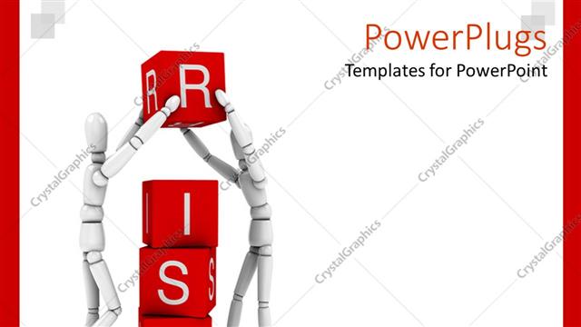  Presentation with risk - Two white 3D figures working in team to form the word risk written on red cubes