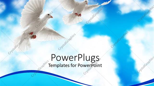  Presentation with flying - Two white doves flying with wide open wings and cross in clouds on blue sky