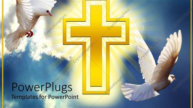  Presentation with doves - Two white doves soaring high in clouds with yellow cross
