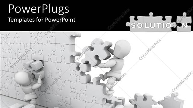  Presentation with working together - Two white figures working together to assemble large jigsaw puzzle wall, teamwork