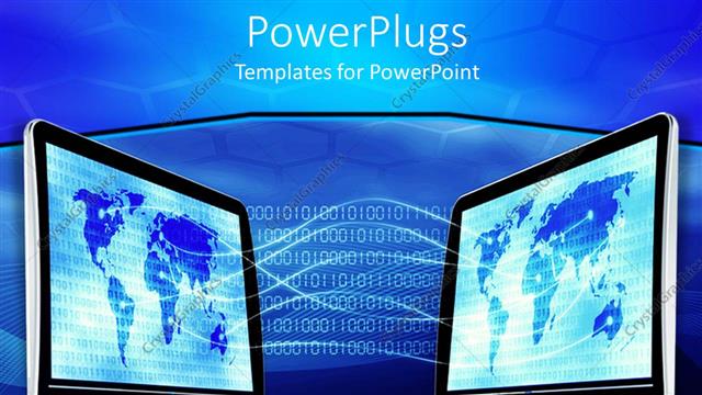  Presentation with maps - Two wide open monitors with maps in them and binary