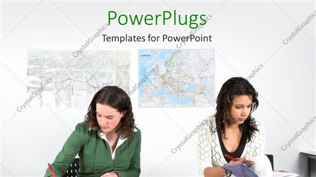  Presentation with maps - Two women reading books and writing with two maps behind them