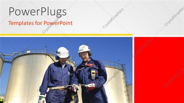  Presentation with industry - Two workers with a chemical plant and place for text