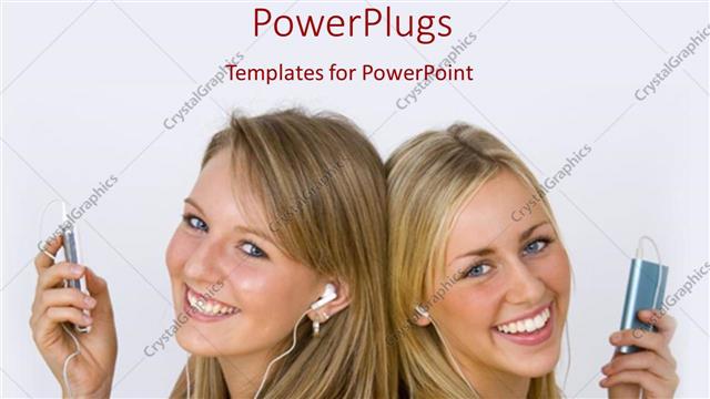 Presentation with listening - Two young blond girls back to back listening to music with ipod and headphones