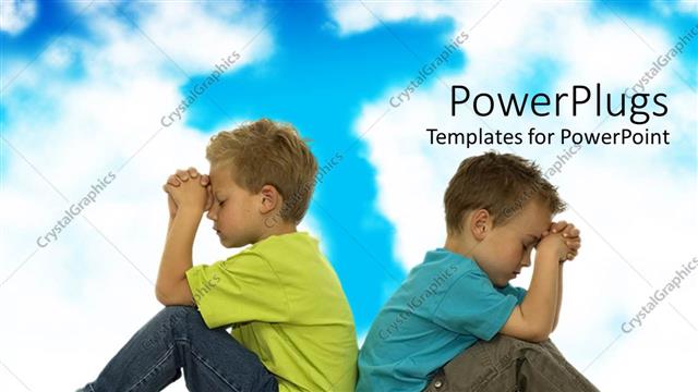  Presentation with blue sky - Two young boys praying while sitting back to back cloudy blue sky