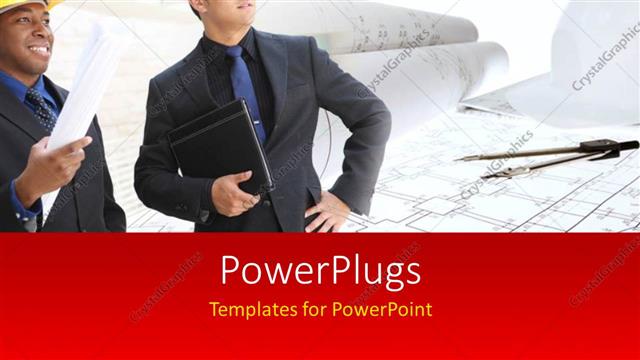  Presentation with construction design - A umber of engineers with a construction design in background