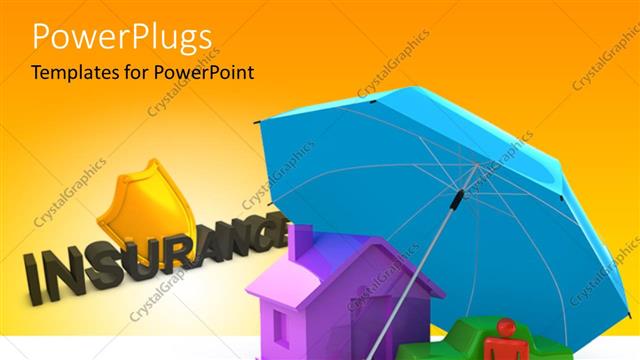  Presentation with keyword - Umbrella giving shelter to a house, car and human with insurance keyword in background depicting insurance concept