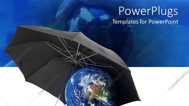  Presentation with umbrella - An umbrella protecting the globe with blue background