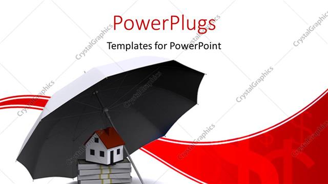  Presentation with real estate - Umbrella protecting house and stack of dollar bills depicting real estate business