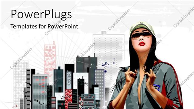  Presentation with urban - Urban city with skyscrapers with girl in tracksuit and face cap