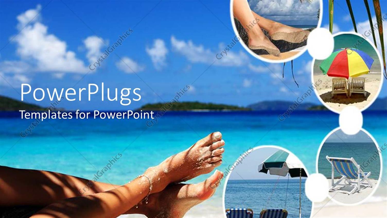 Featuring Vacation Tropical Theme with Womans Fee Tin Sand on Beach, Umbrellas and Lounge Chairs