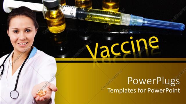  Presentation with vials - Vaccine vials around filled syringe behind doctor with handful of pills
