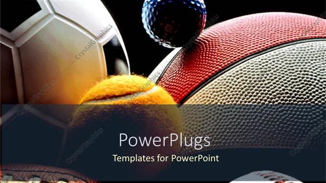  Presentation with sports golf - Various balls, American football, basketball, soccer ball, tennis ball, baseball ball, and golf ball on black background