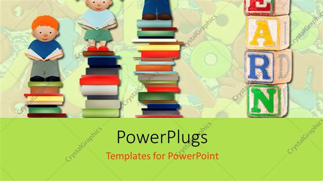  Presentation with children books - Various children standing on books with alphabets in the background