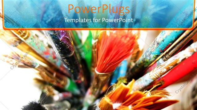  Presentation with painting - Various colored and size paint brushes with colorful painting on brushes in jar