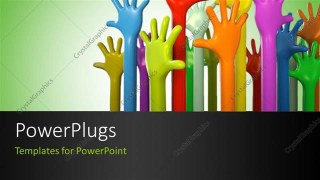  Presentation with diversity - Various colors of hands reaching up on green background