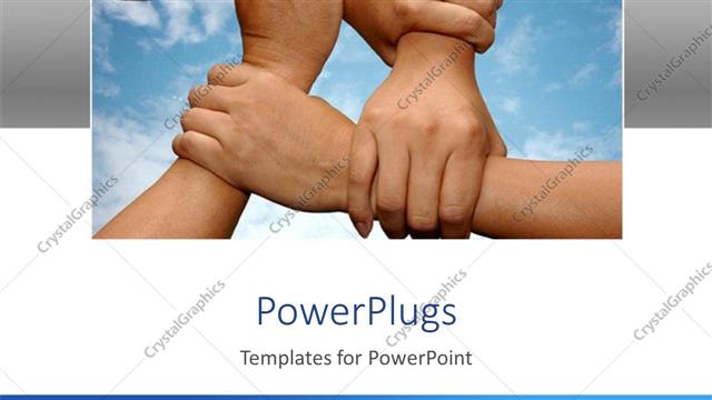  Presentation with team hands - Various hands holding each other to show solidarity with clouds in the background