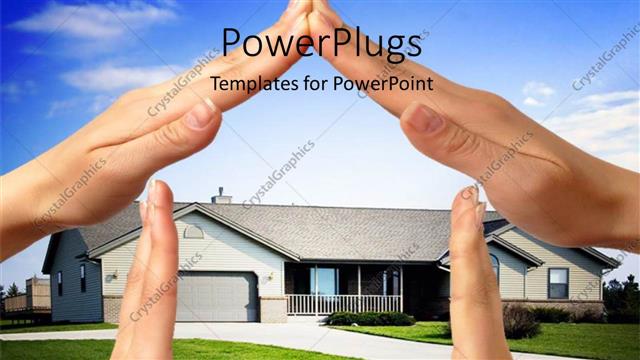  Presentation with home - Various hands representing the shape of the house with clouds in the background