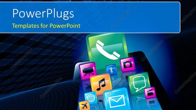  Presentation with tablet - Various icons like message, video, phone, chat, globe, camera over tablet on blue background