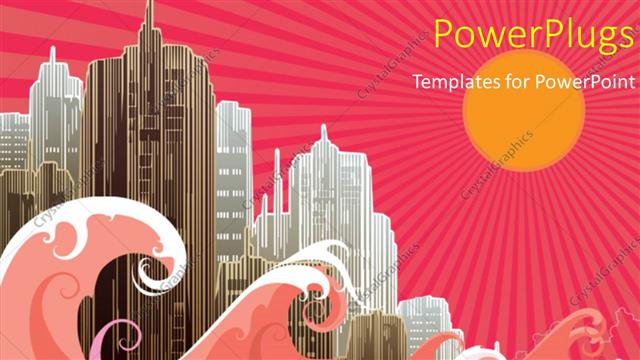  Presentation with vector - Vector illustration of a city with buildings and sea waves with sun and rays