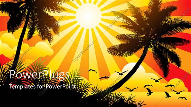  Presentation with vector - Vector illustration showing sunny beach with birds and trees with sunrays