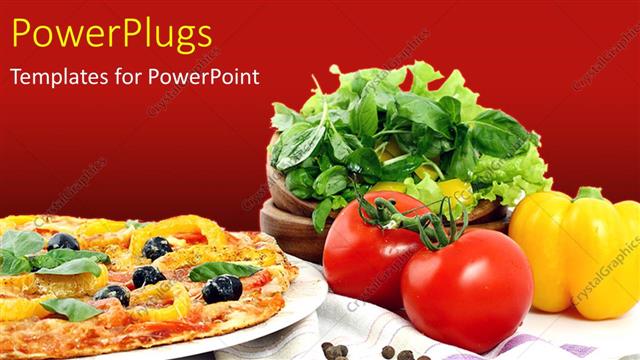  Presentation with pizza - Veg Pizza with toppings and vegetables, dark red color