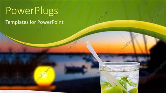  Presentation with island sunset - View of Balearic island sunset with transparent cocktail glass of mojito