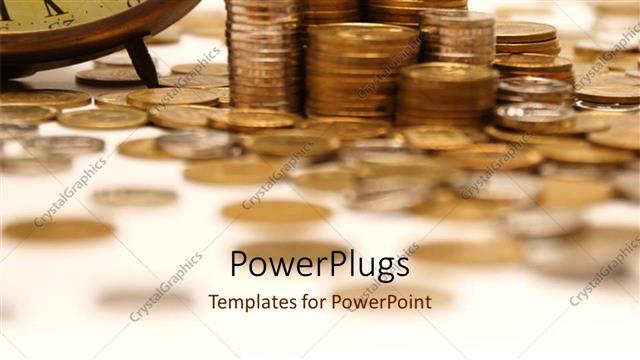  Presentation with vintage clock - Vintage clock with gold coin?stack on white surface?