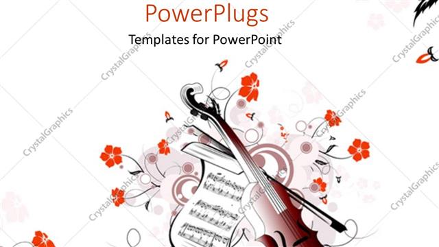  Presentation with flowery - Violin and bow next to sheet music with flowery background