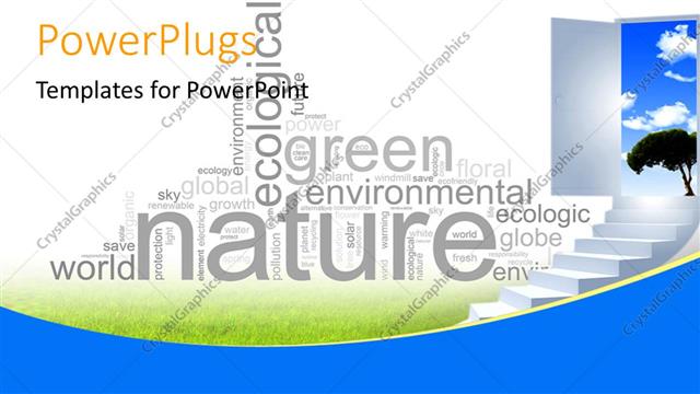  Presentation with step - Environmental preservation depiction with step leading to blue cloudy sky